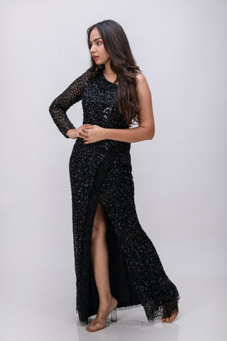 Handmade Black Sequin One-Shoulder Dress with Front Slit and Long Sleeve - Black