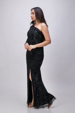 Handmade Black Sequin One-Shoulder Dress with Front Slit and Long Sleeve - Black