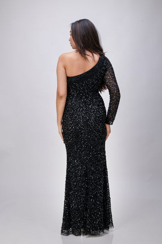 Handmade Black Sequin One-Shoulder Dress with Front Slit and Long Sleeve - Black