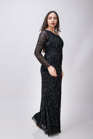 Handmade Black Sequin One-Shoulder Dress with Front Slit and Long Sleeve - Black