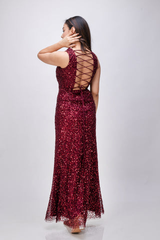 Handmade Premium Burgundy Sleeveless Dress with Embellished Sequins – Elegant Party Wear