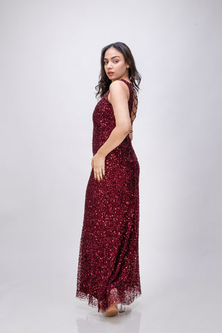 Handmade Premium Burgundy Sleeveless Dress with Embellished Sequins – Elegant Party Wear