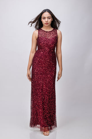 Handmade Premium Burgundy Sleeveless Dress with Embellished Sequins – Elegant Party Wear