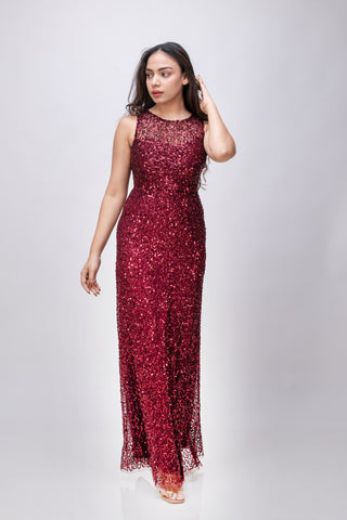 Handmade Premium Burgundy Sleeveless Dress with Embellished Sequins – Elegant Party Wear