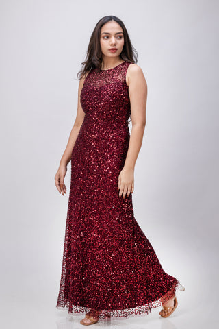 Handmade Premium Burgundy Sleeveless Dress with Embellished Sequins – Elegant Party Wear