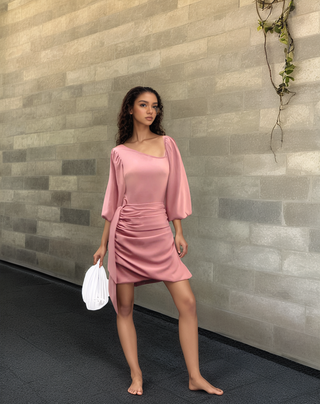 Puff Sleeve Asymetrical Neckline Mini Dress