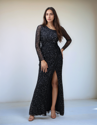 Handmade Black Sequin One-Shoulder Dress with Front Slit and Long Sleeve - Black